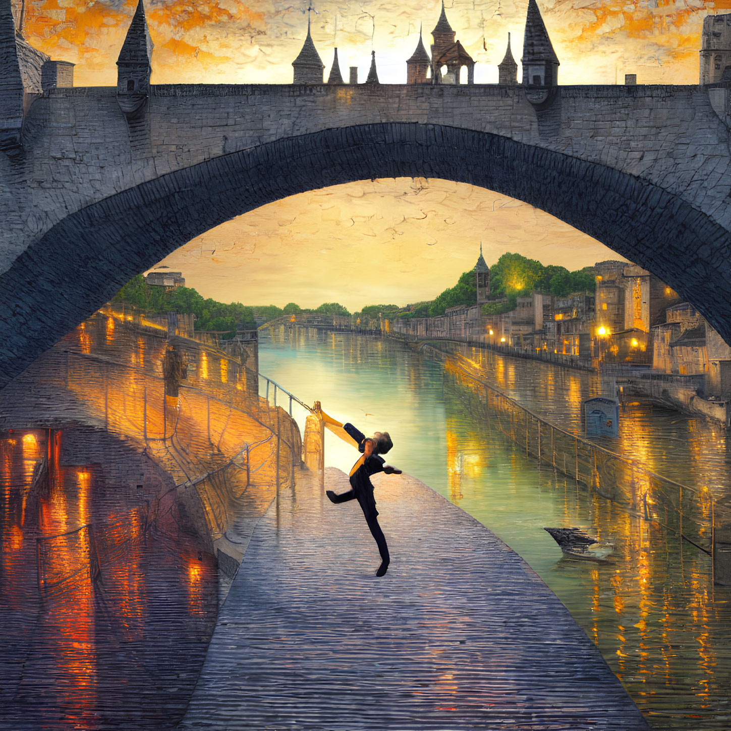 Person hanging from rope under arch bridge with serene river and sunset sky
