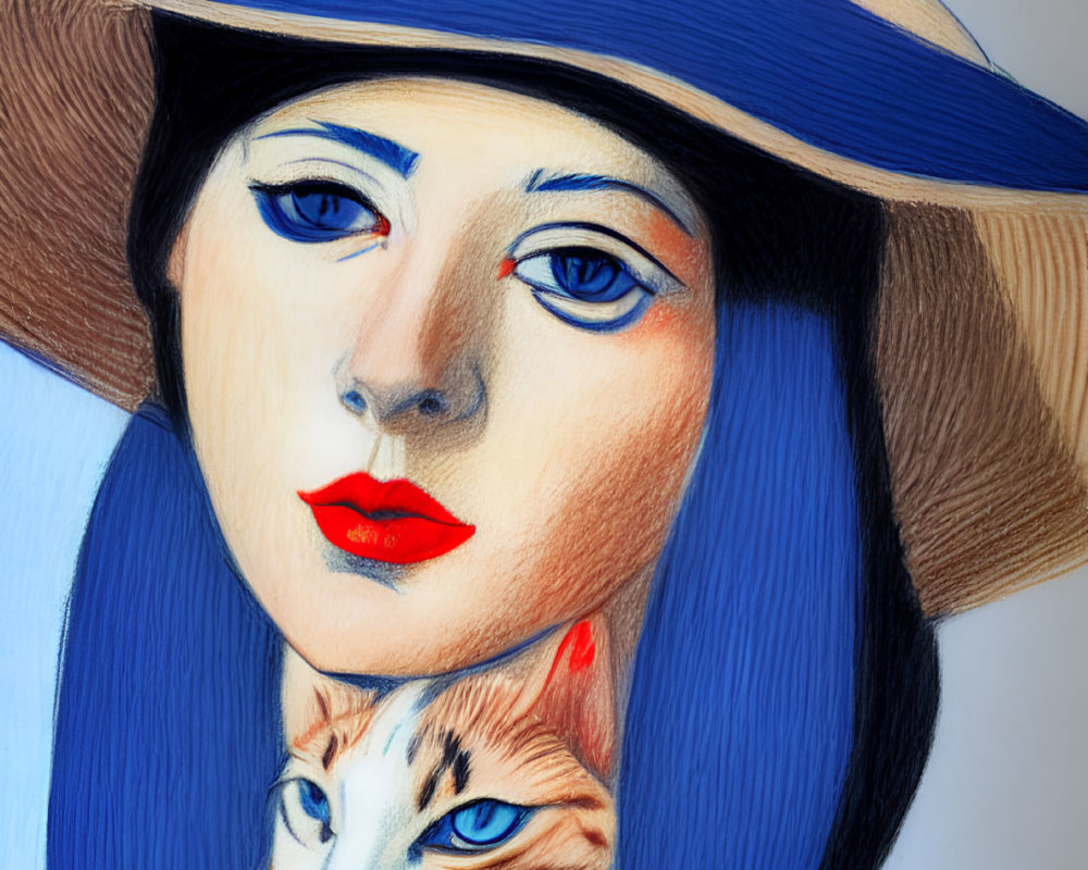 Stylized portrait of a woman with red lips and blue eyeshadow, wearing a large hat