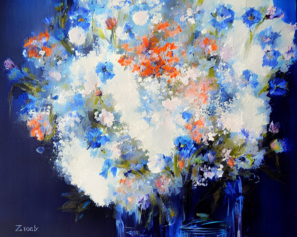 Vibrant bouquet of blue and white flowers on dark blue background by Zior K.