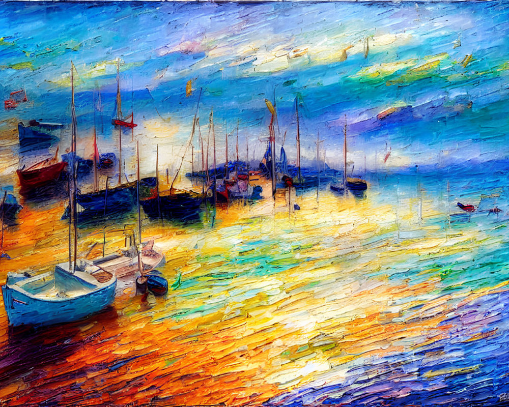 Vibrant impressionistic painting of boats in shimmering harbor at sunset
