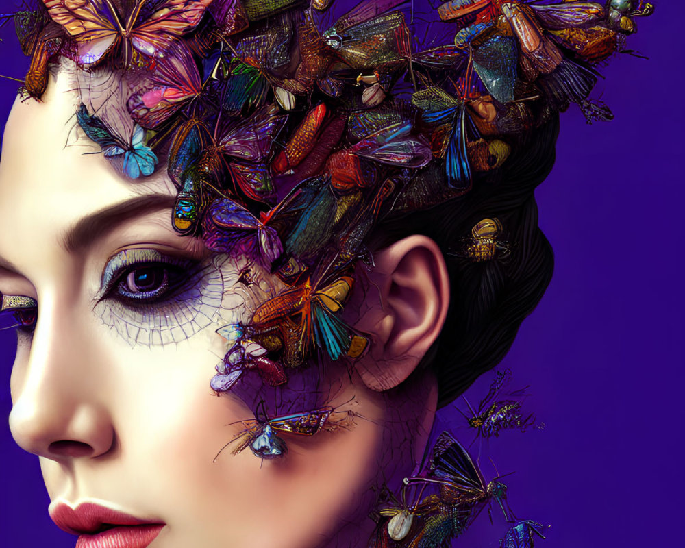 Colorful Butterfly and Beetle Headdress on Woman's Profile Portrait