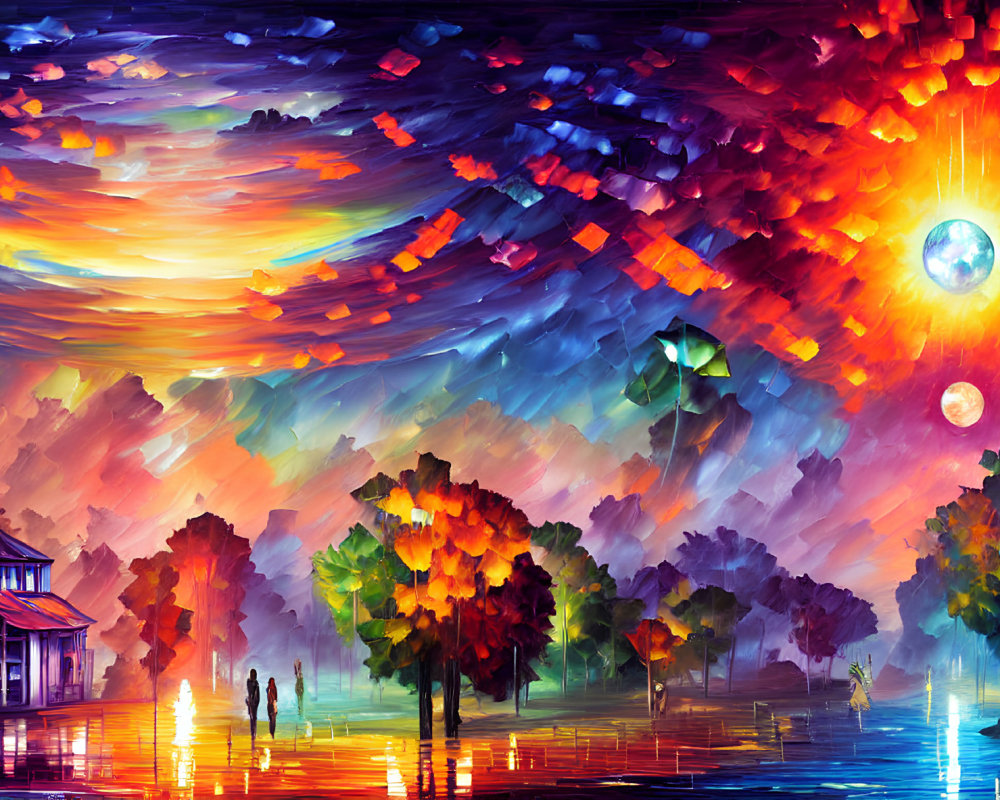 Colorful surreal landscape with figures walking under tree, house near water
