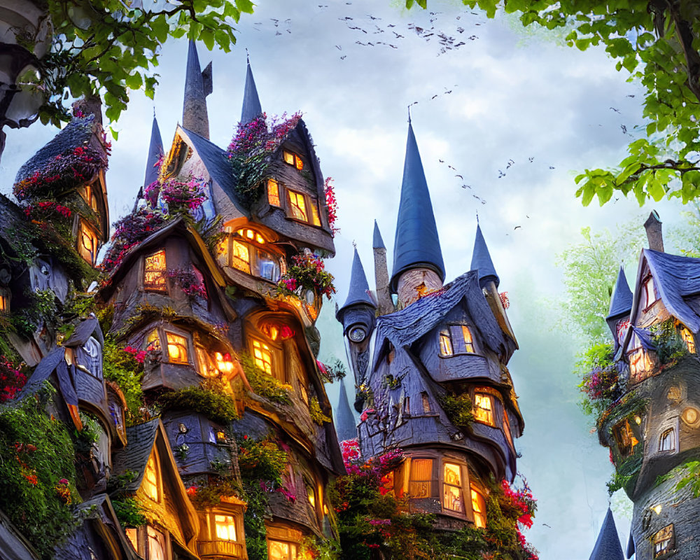 Colorful multi-level fantasy houses in magical forest setting