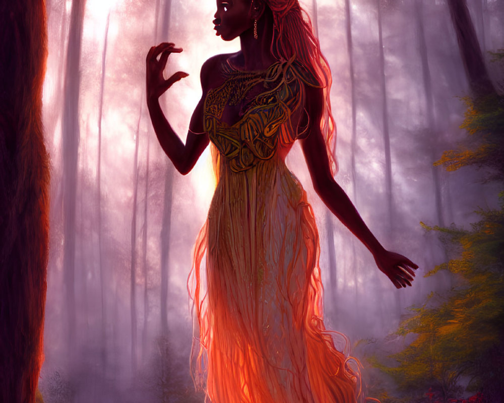Intricate golden attire on elegant figure in mystical forest