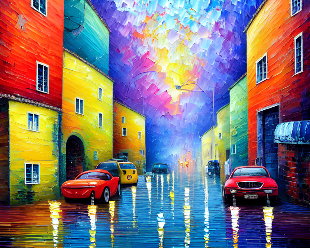 Colorful Buildings Reflecting on Wet Pavement in Vibrant Street Scene