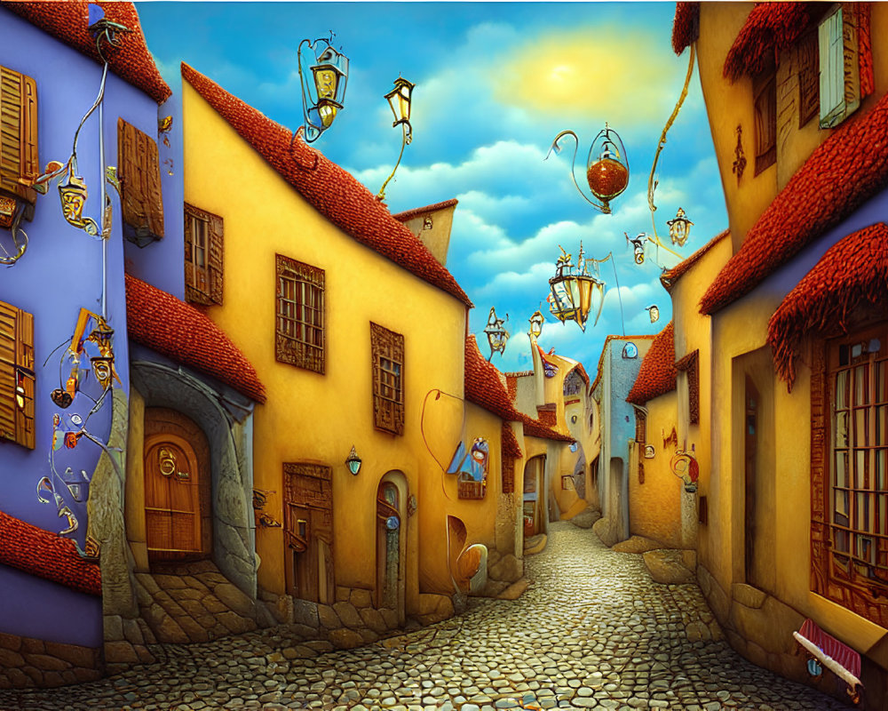 Colorful cobblestone street with charming houses and ornate street lamps