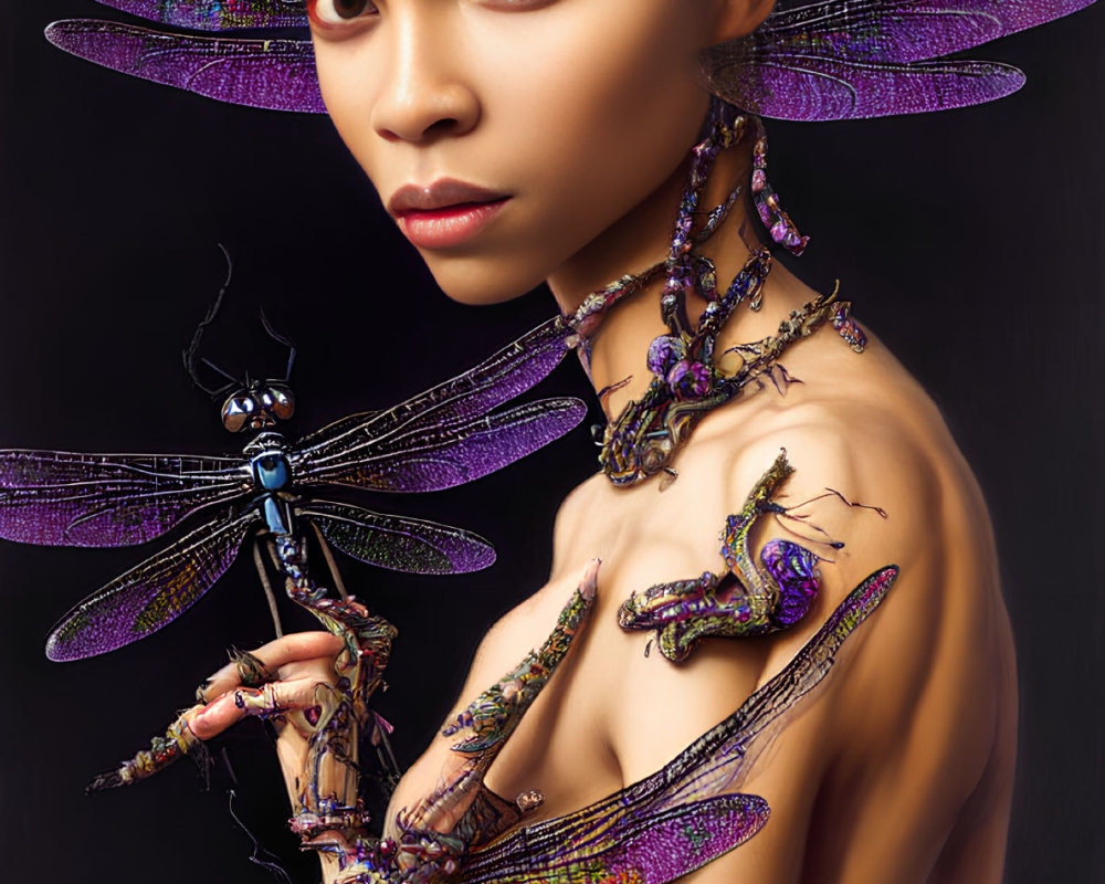 Fantastical woman with dragonfly headpiece and body art beside large dragonfly