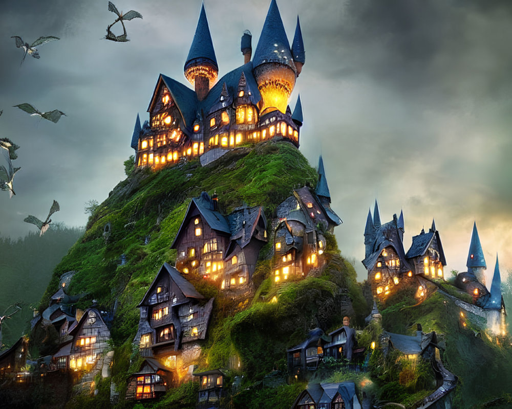 Fantasy castle on hill with birds in twilight mist