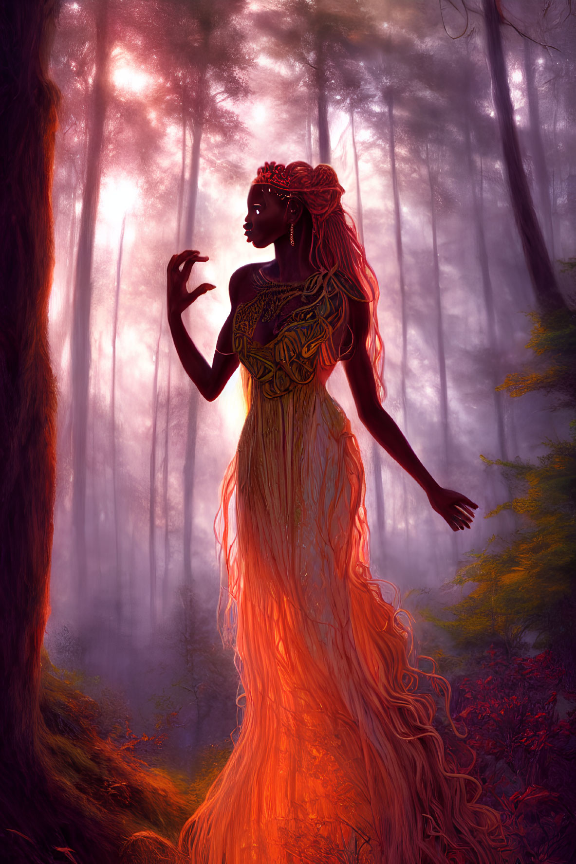 Intricate golden attire on elegant figure in mystical forest