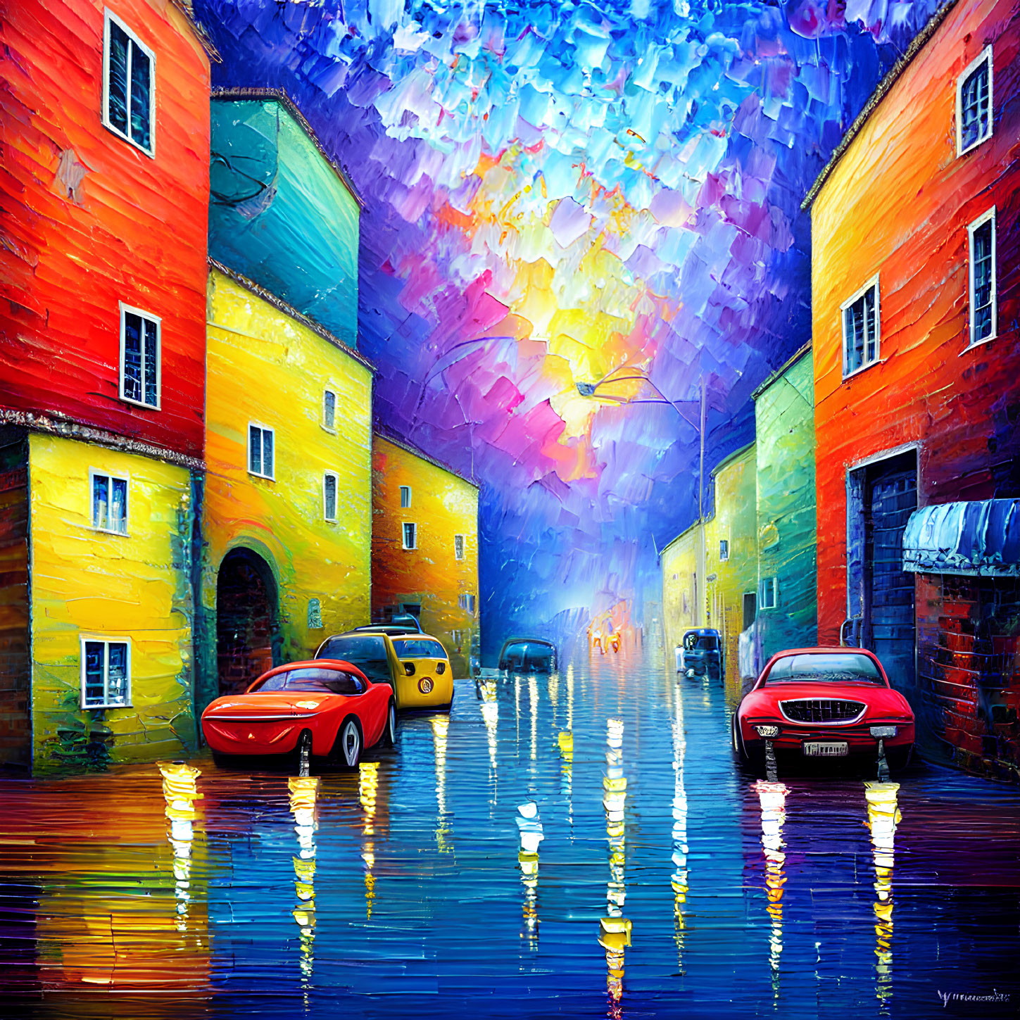 Colorful Buildings Reflecting on Wet Pavement in Vibrant Street Scene