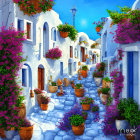Colorful Alley with Blue Walls, Pink Flowers, and Clear Sky
