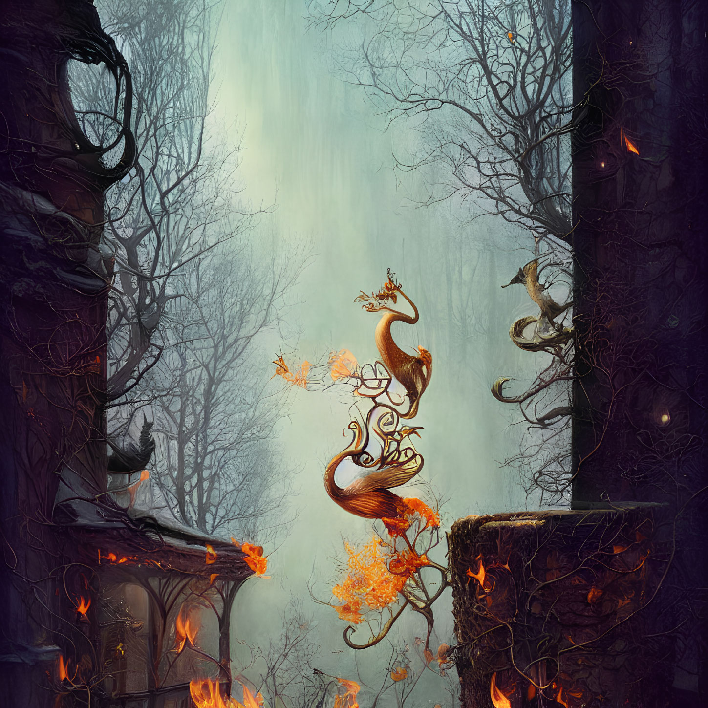 Enchanting forest scene with fiery leaves, glowing tree, and ancient ruins