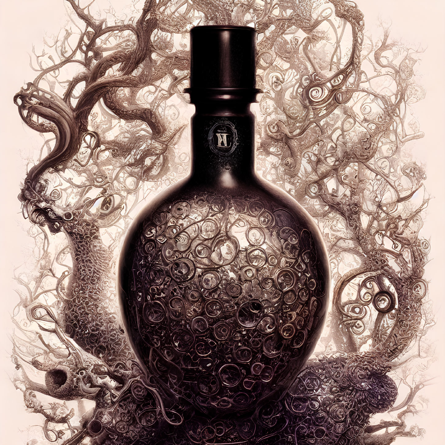 Intricately designed dark bottle with monogrammed emblem and swirling sepia pattern