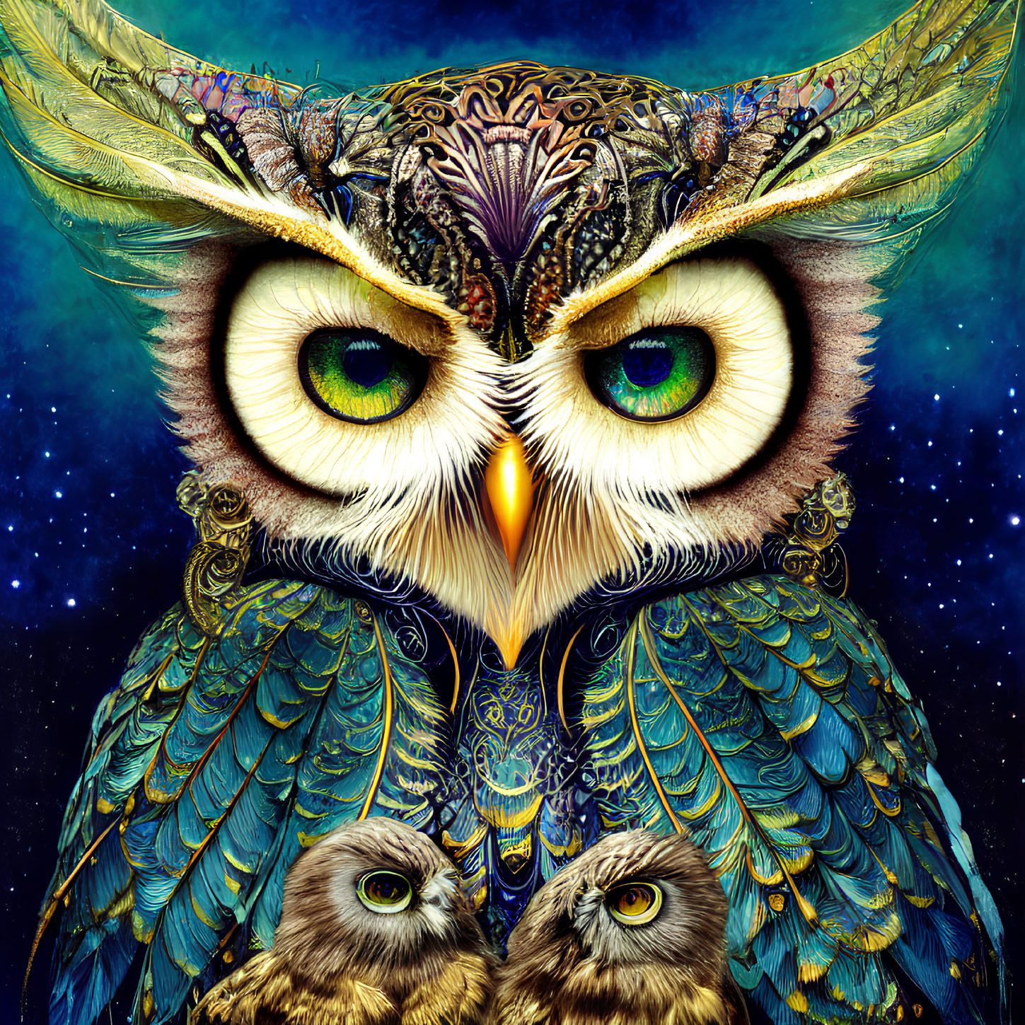 Colorful Owl Illustration with Intricate Patterns and Starry Night Background