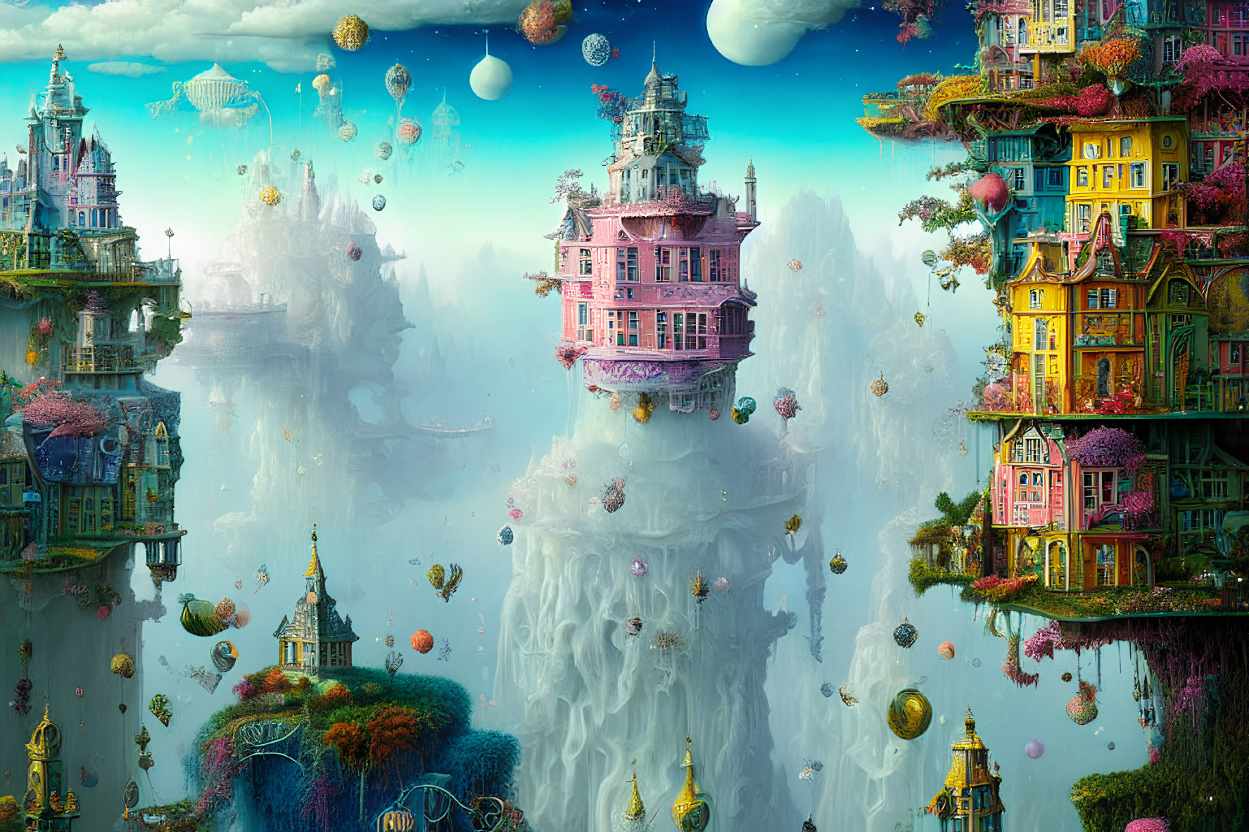 Colorful Floating Island Fantasy Landscape with Ornate Buildings