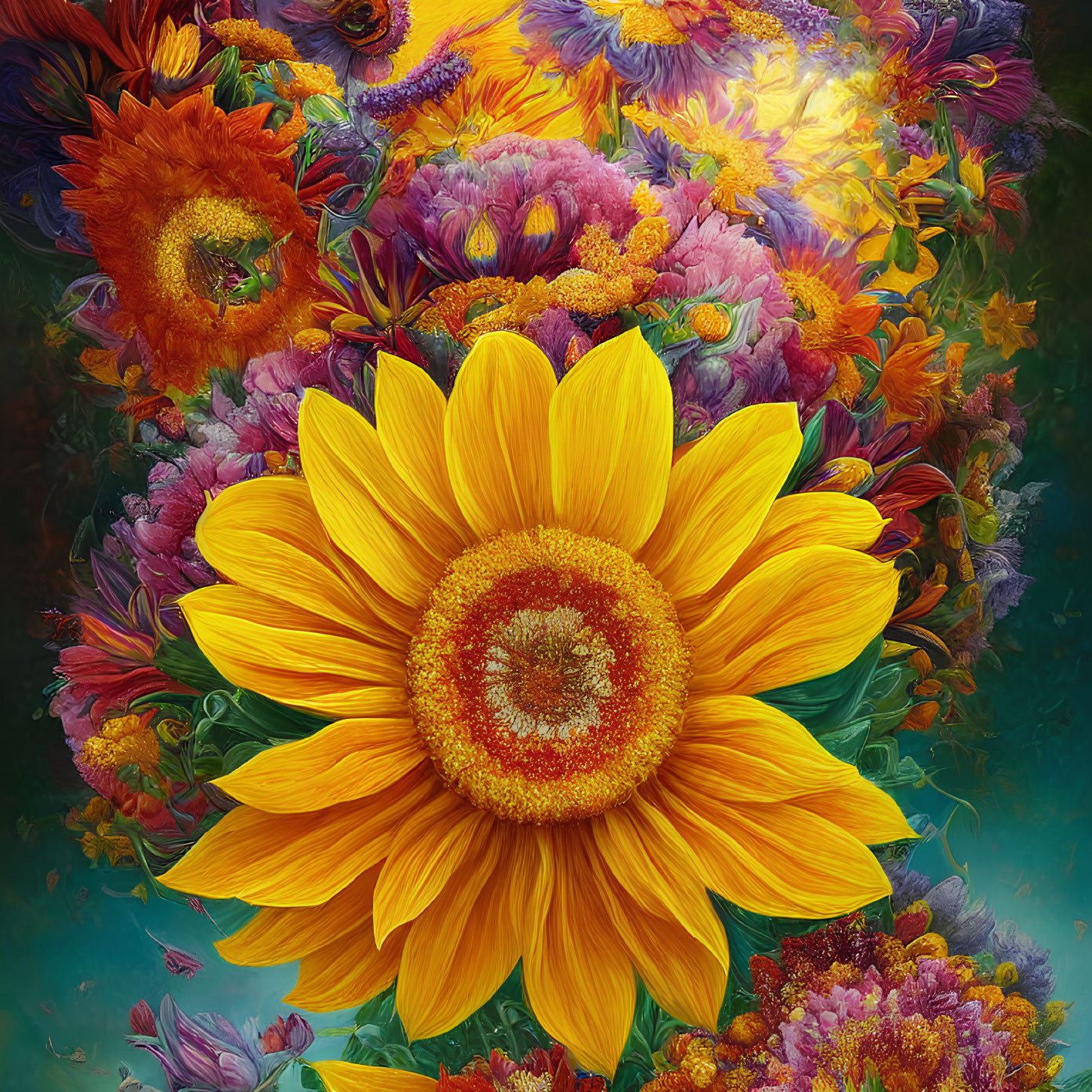 Colorful Flower Painting Featuring Large Sunflower