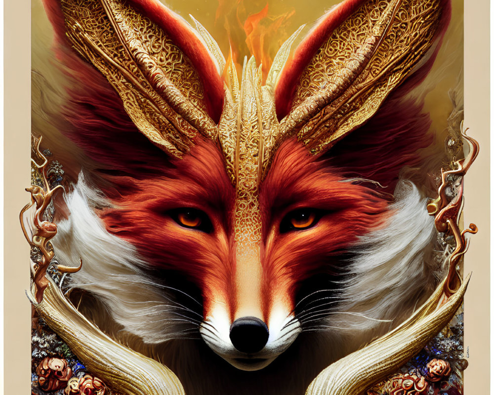 Detailed illustration of majestic fox with fiery crown and golden headpiece on beige background
