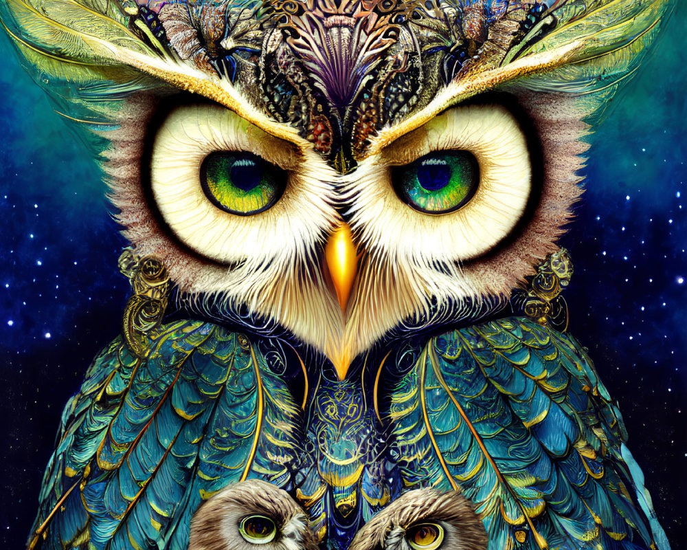 Colorful Owl Illustration with Intricate Patterns and Starry Night Background
