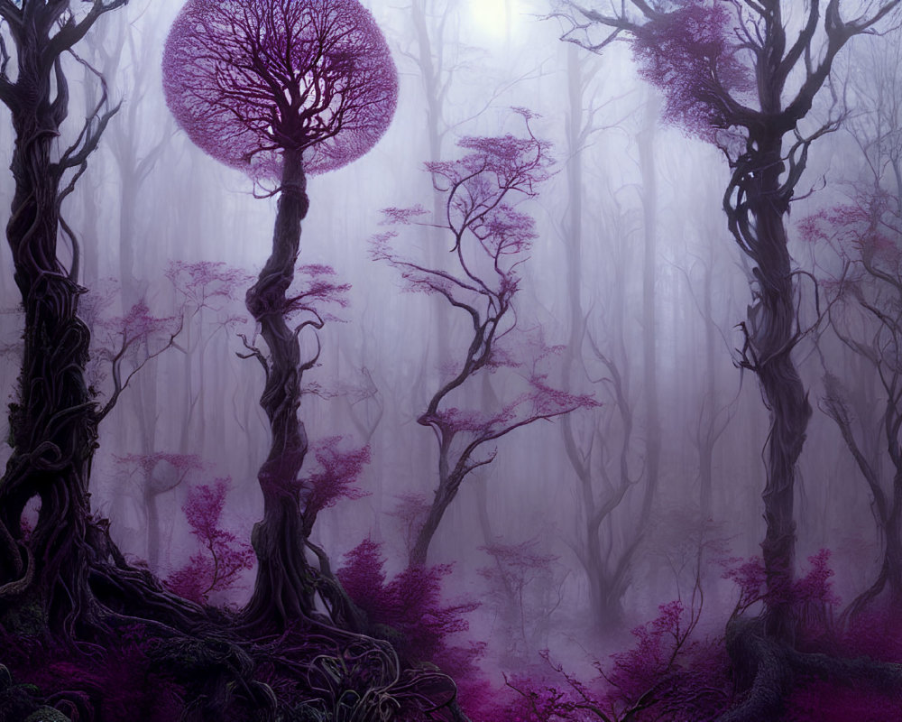Mystical Purple Forest with Twisted Trees and Pink Foliage
