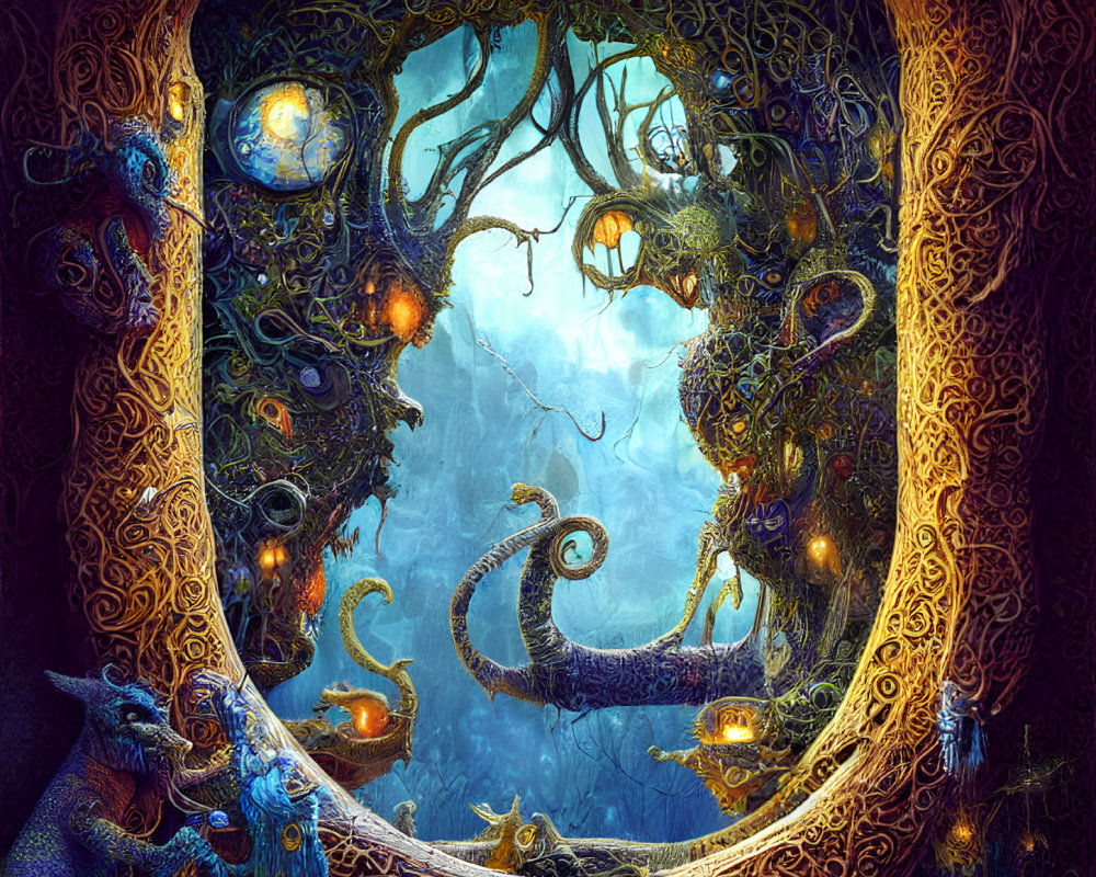 Circular frame with mystical scene: glowing lanterns, entwined trees, and blue light