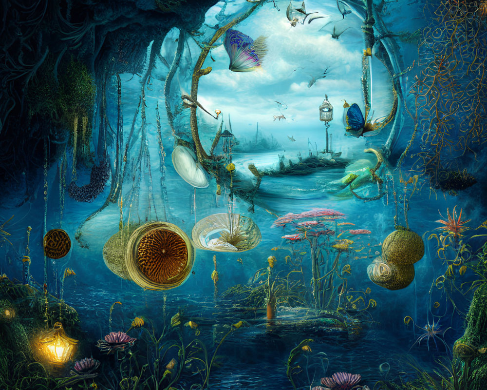 Vibrant underwater scene with glowing flora, lanterns, boat, and pods