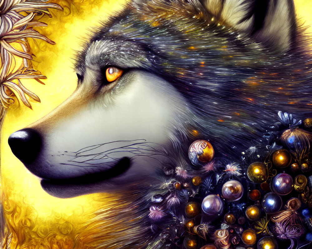 Colorful Wolf Head Artwork with Beads and Feathers on Golden Floral Background