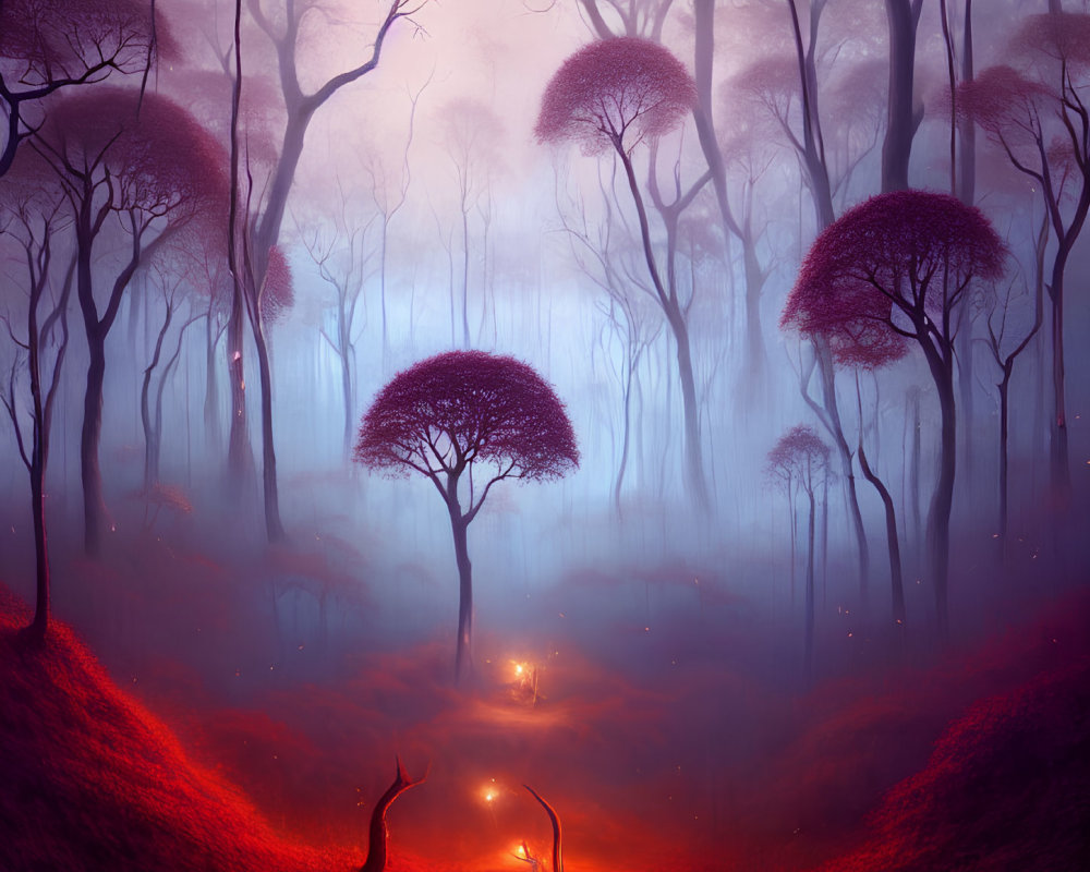 Ethereal purple and red forest with fog, bare trees, and glowing lanterns