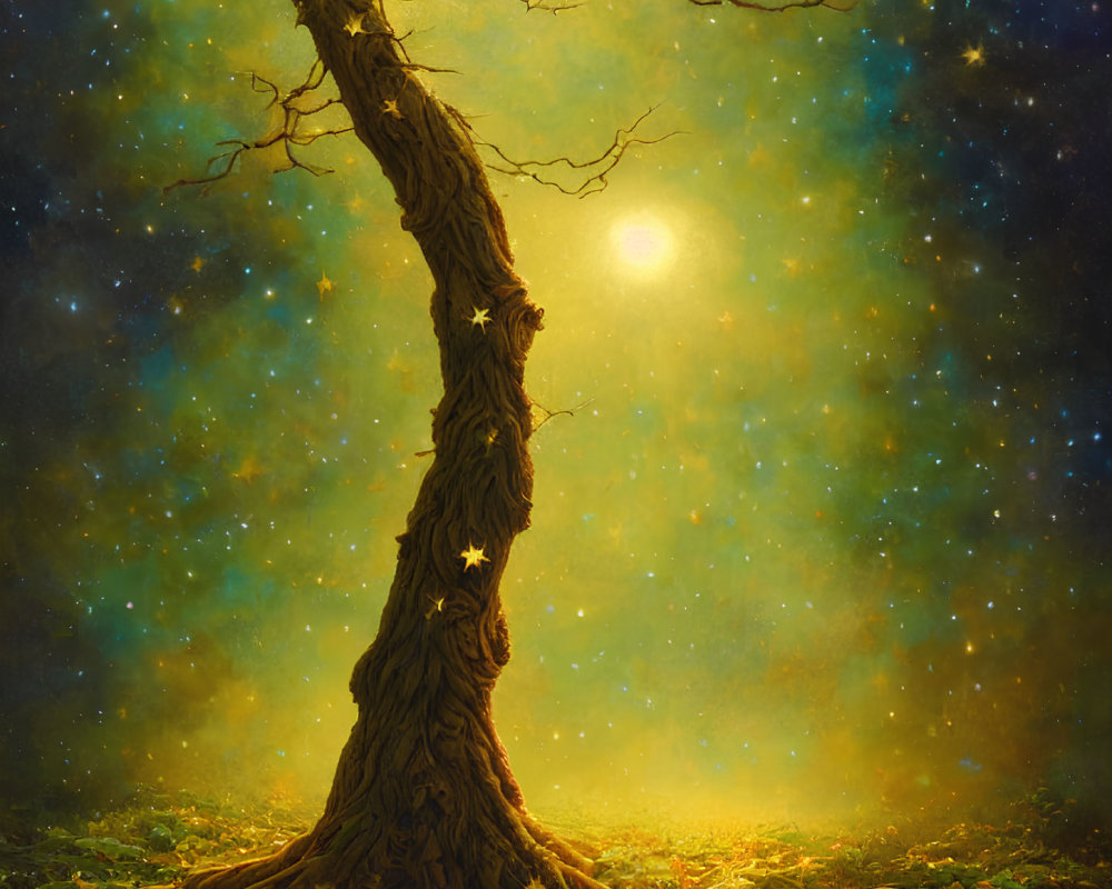 Mystical tree with star-shaped holes under starry night sky
