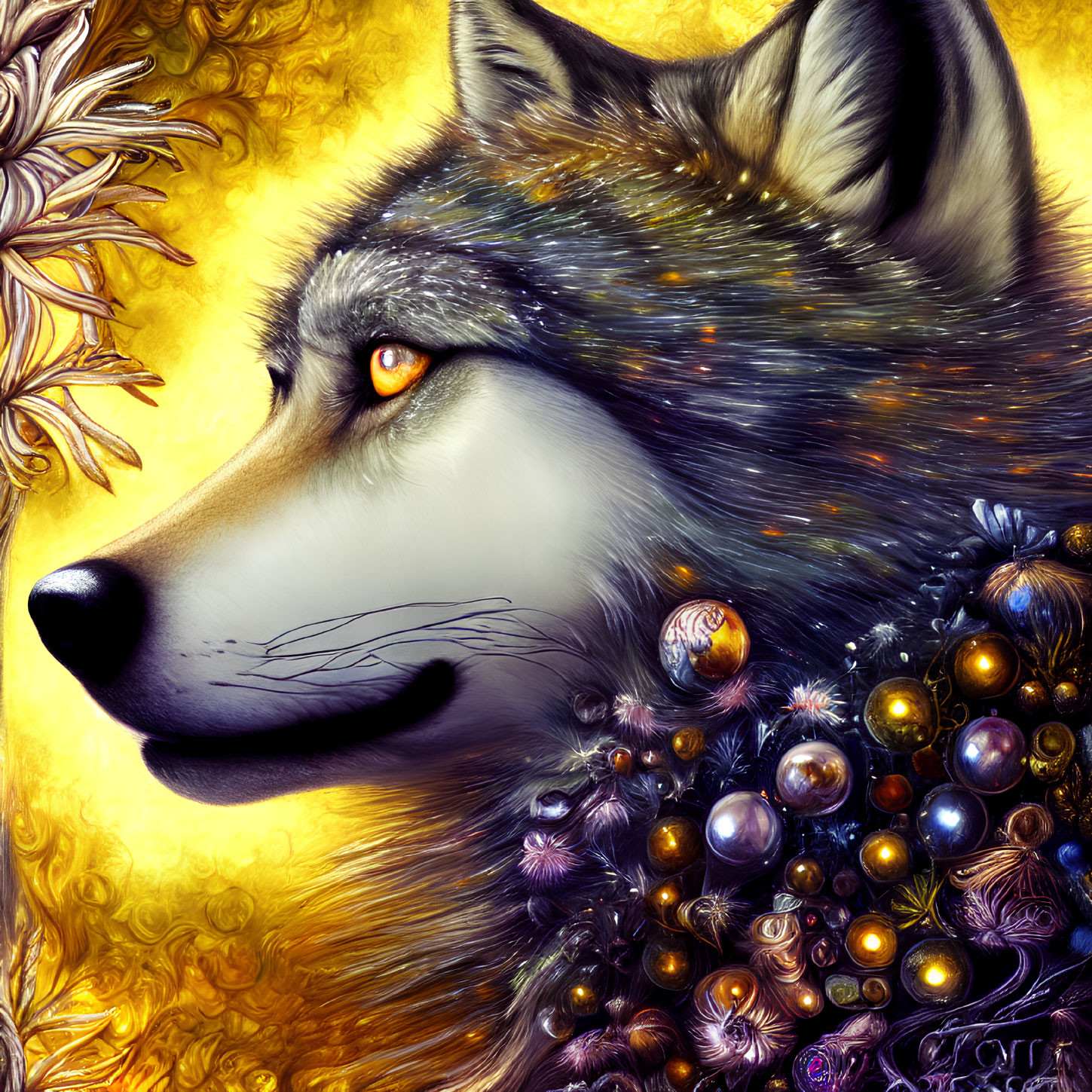 Colorful Wolf Head Artwork with Beads and Feathers on Golden Floral Background
