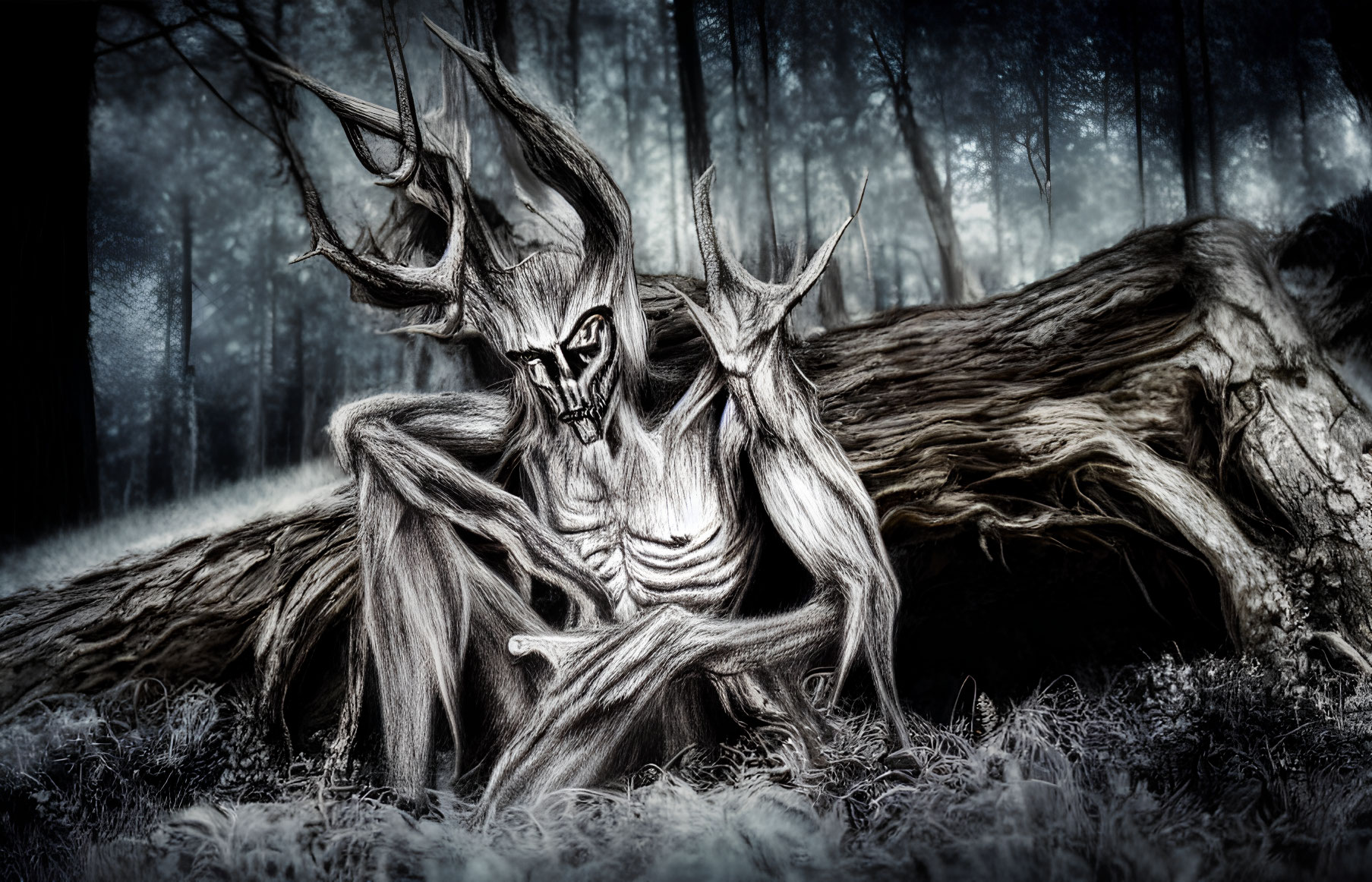 Monochrome fantasy artwork of skeletal tree-like creature with antlers in misty forest