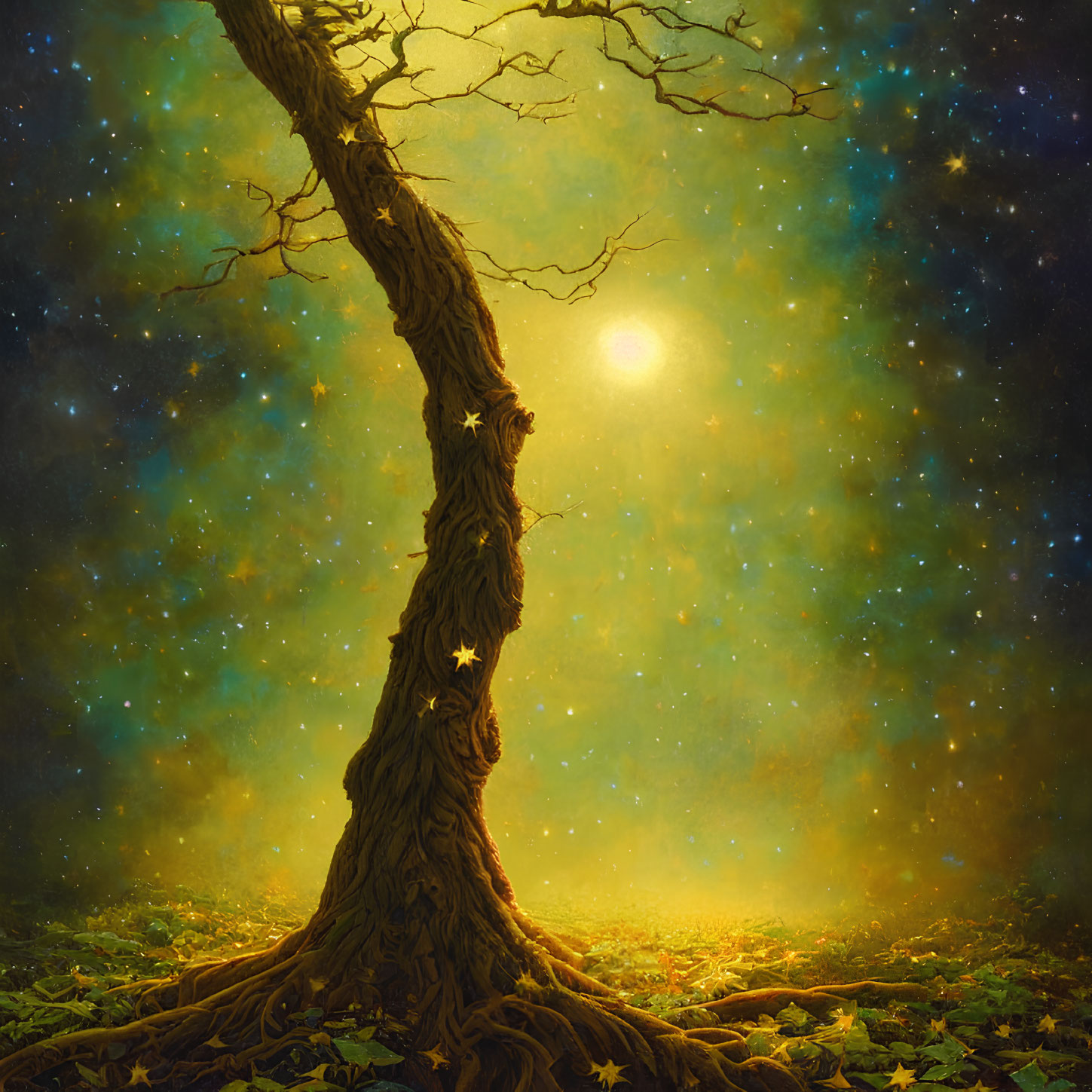 Mystical tree with star-shaped holes under starry night sky