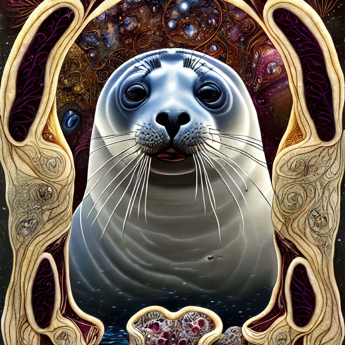 Stylized seal with cosmic background and golden ornate elements
