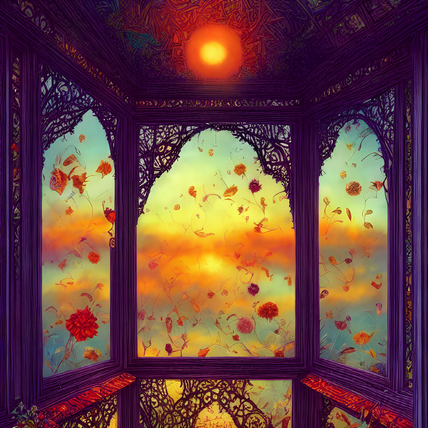 Intricate wooden window frames with vibrant sunset view