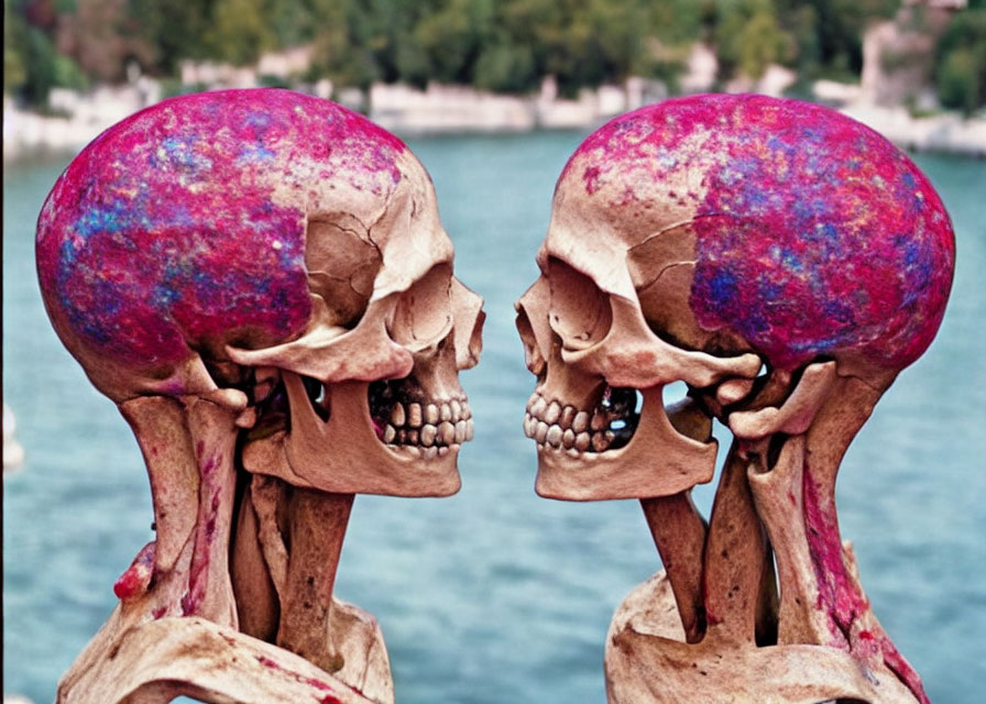 Colorful artistic skulls facing each other in nature setting