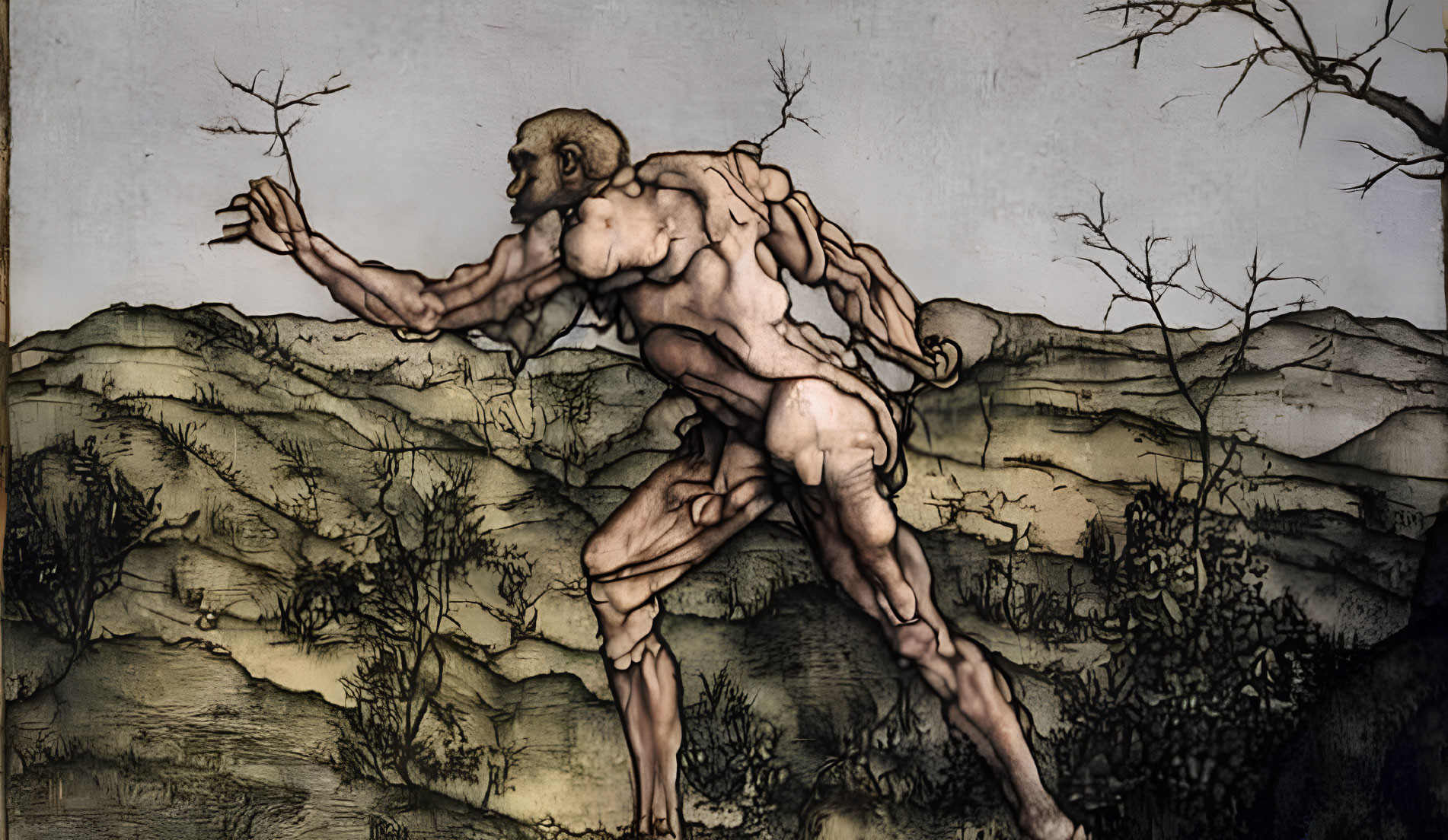 Muscular humanoid figure with animal head in dynamic pose against barren landscape