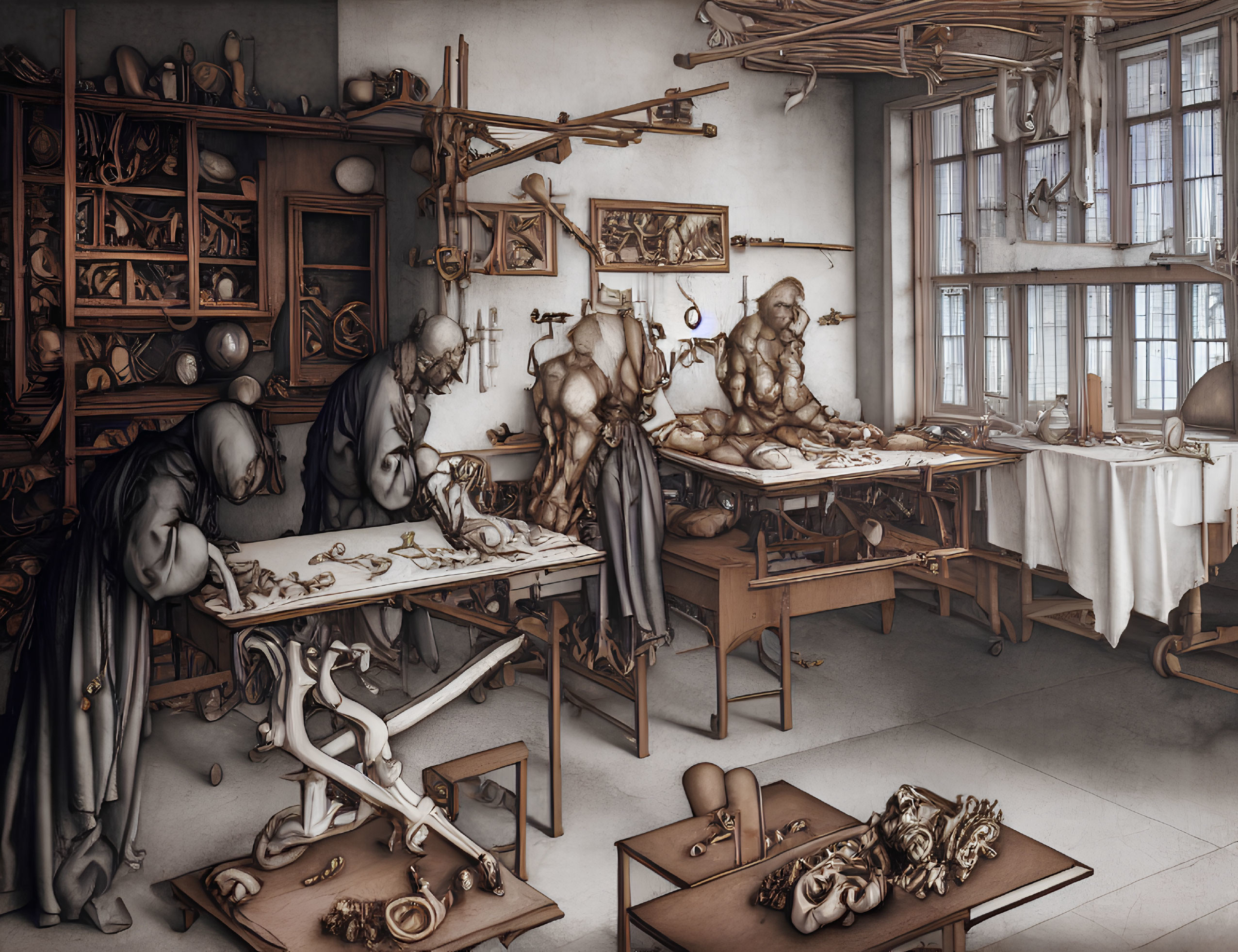 Detailed Workshop Illustration: Four Anthropomorphic Figures Crafting Wooden Mechanisms