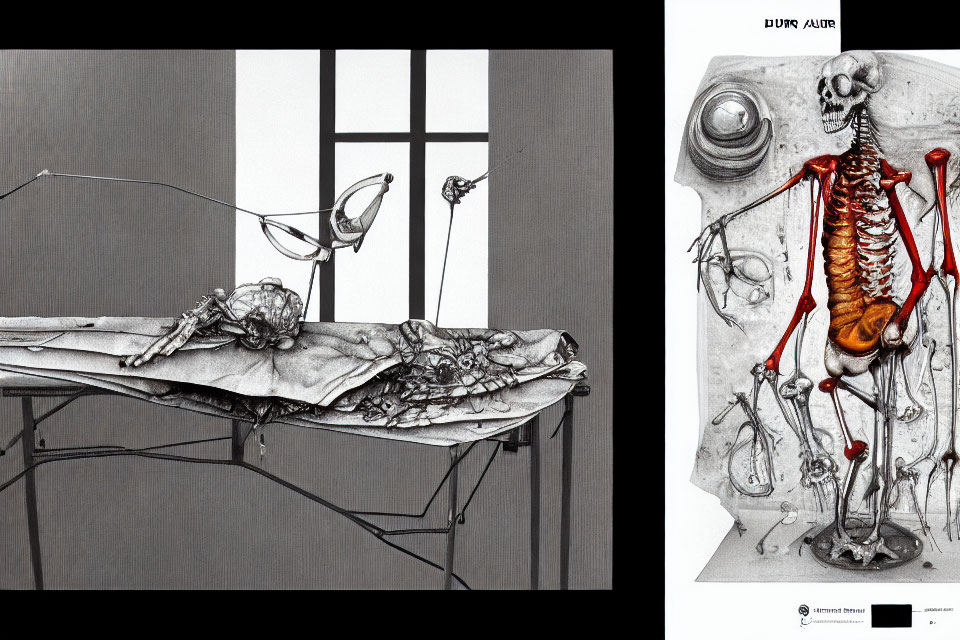 Monochromatic insect dissection scene with detailed anatomical sketches