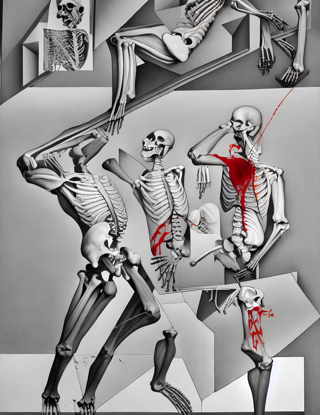 Multiple dynamic human skeleton poses with selective red highlights.