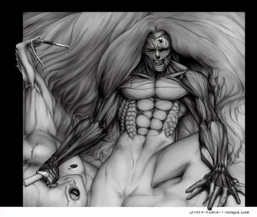 Monochromatic artwork of menacing skeletal creature with exaggerated muscularity