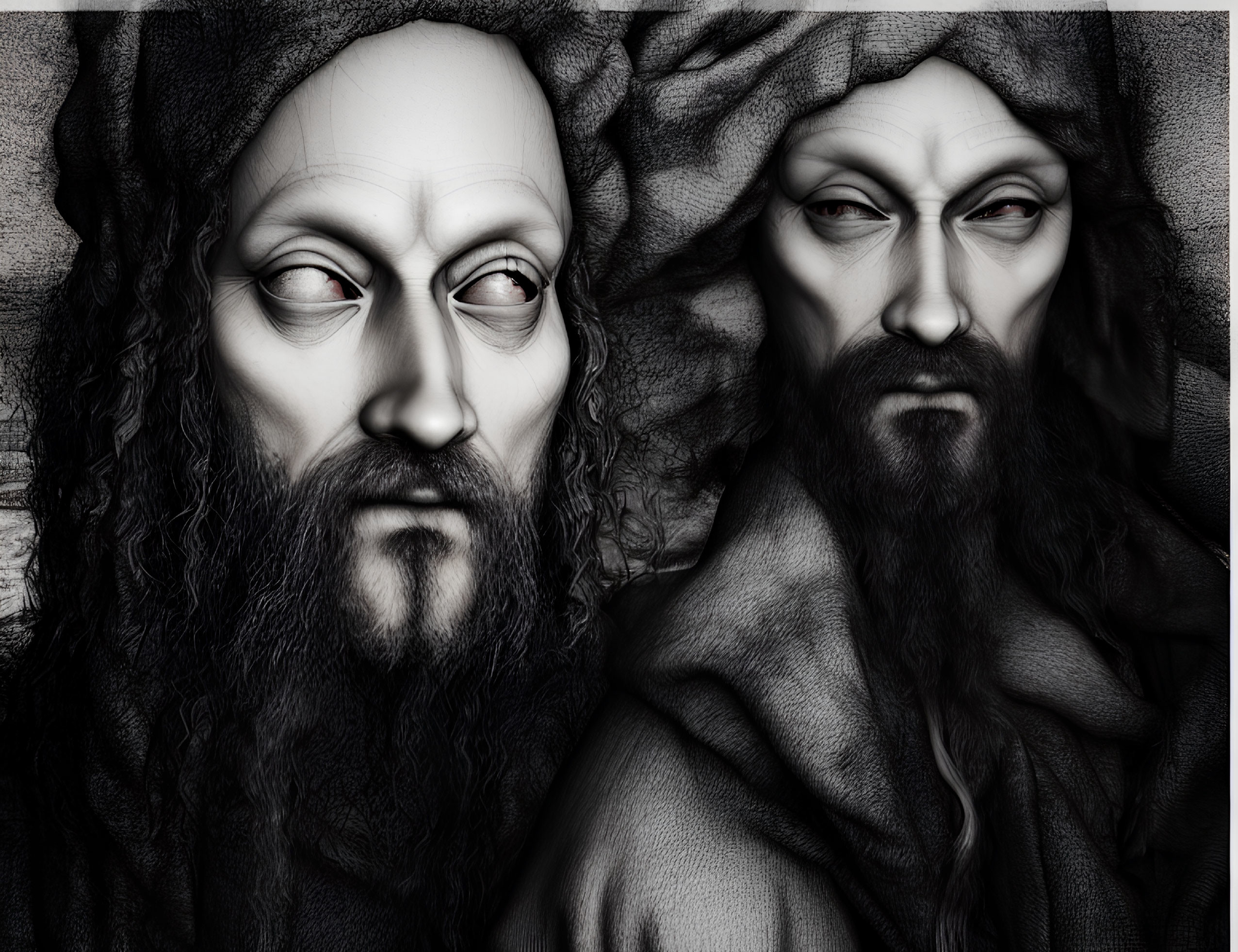 Monochrome artistic depiction of two male figures with intense gazes and draped headwear