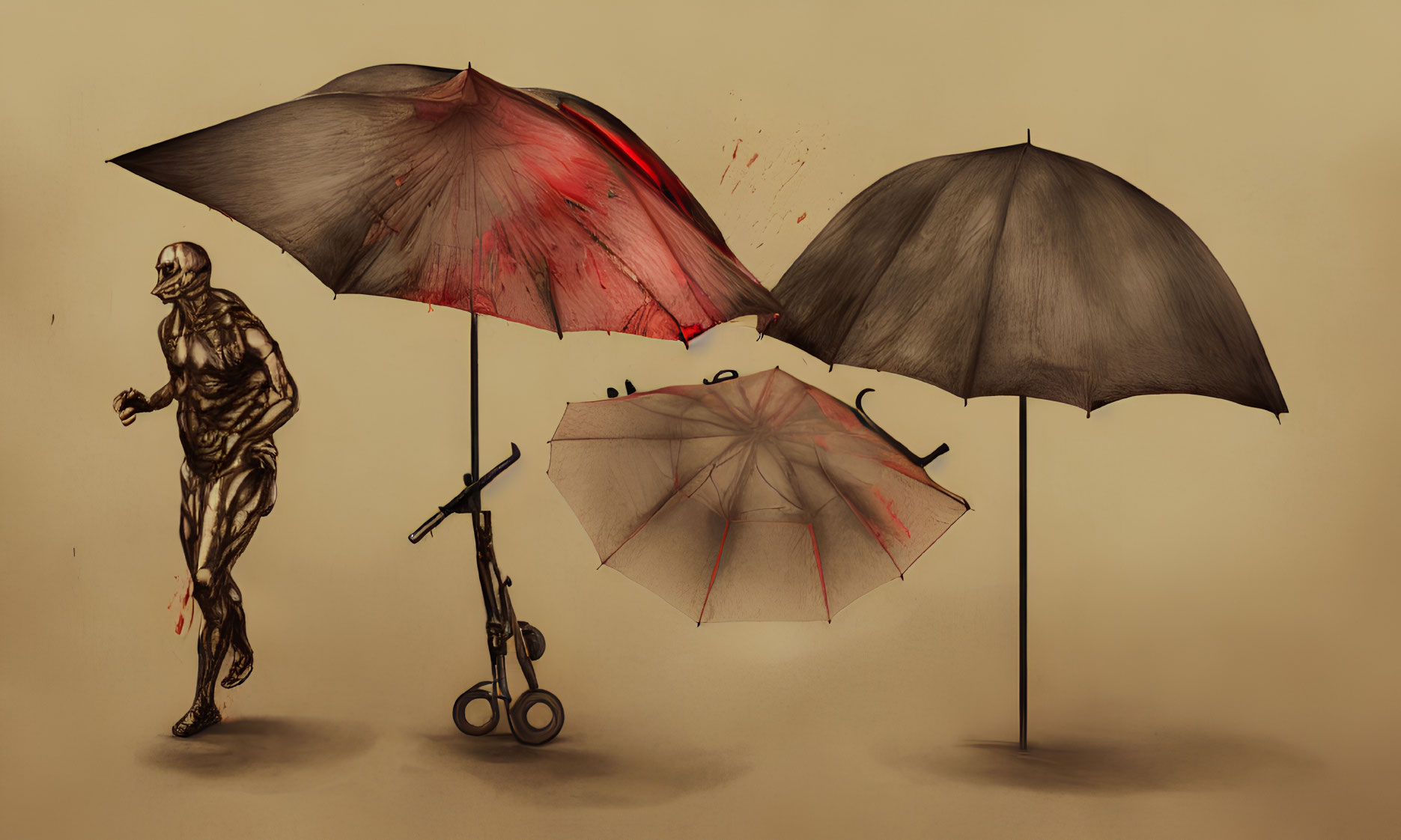 Sketch of humanoid figure running with splatter effect next to three umbrellas, two upright and one inverted