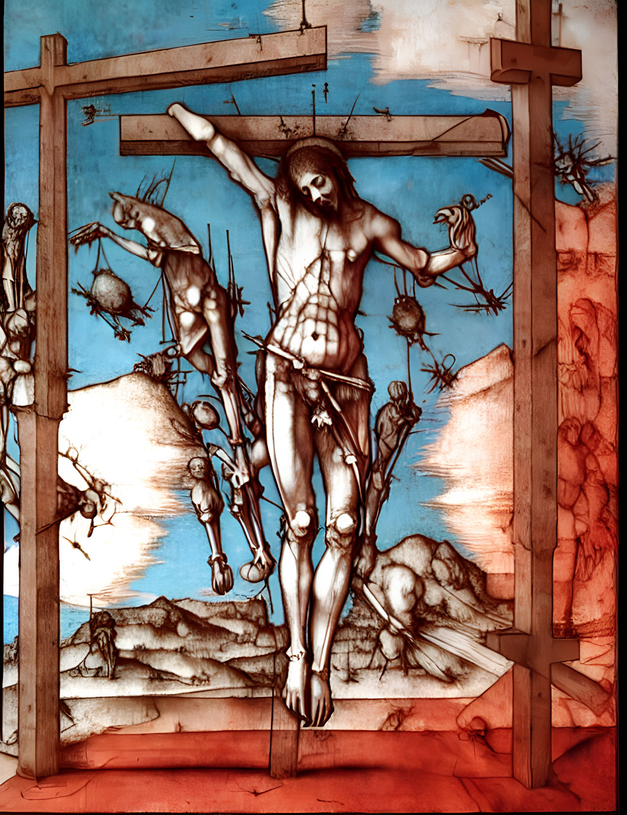 Somber Stained Glass Window of Jesus on the Cross