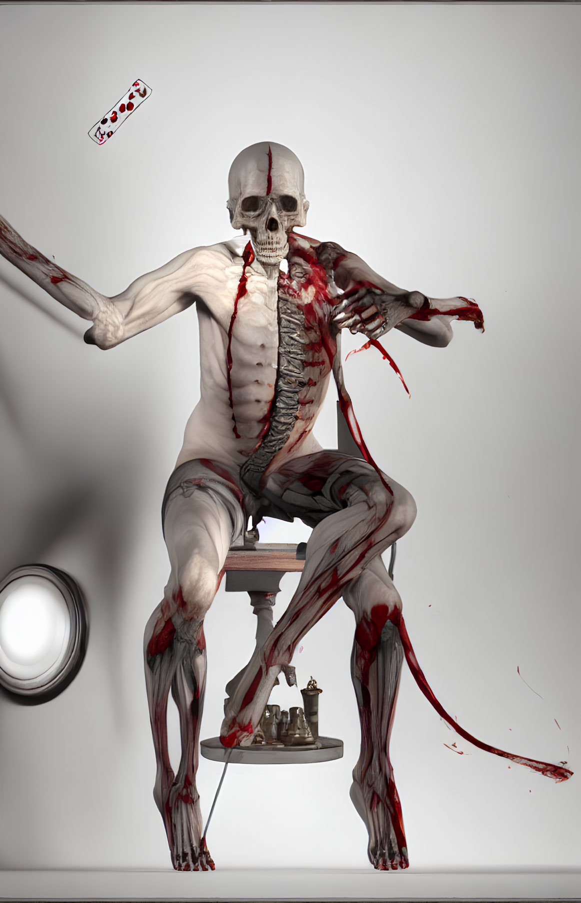 Detailed Skeleton Anatomy Illustration with Muscles, Chess Pieces, and Blood Splashes