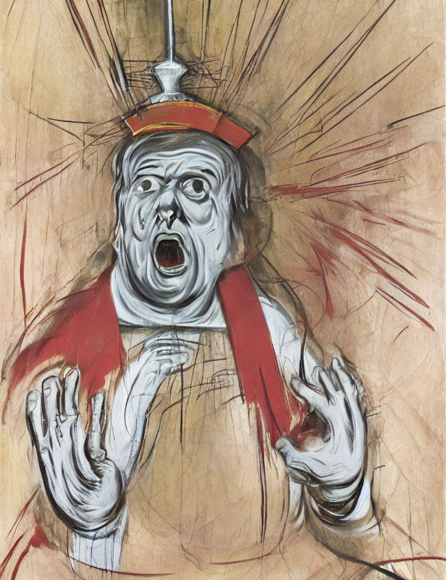 Illustration of frightened person in red cape against dynamic background
