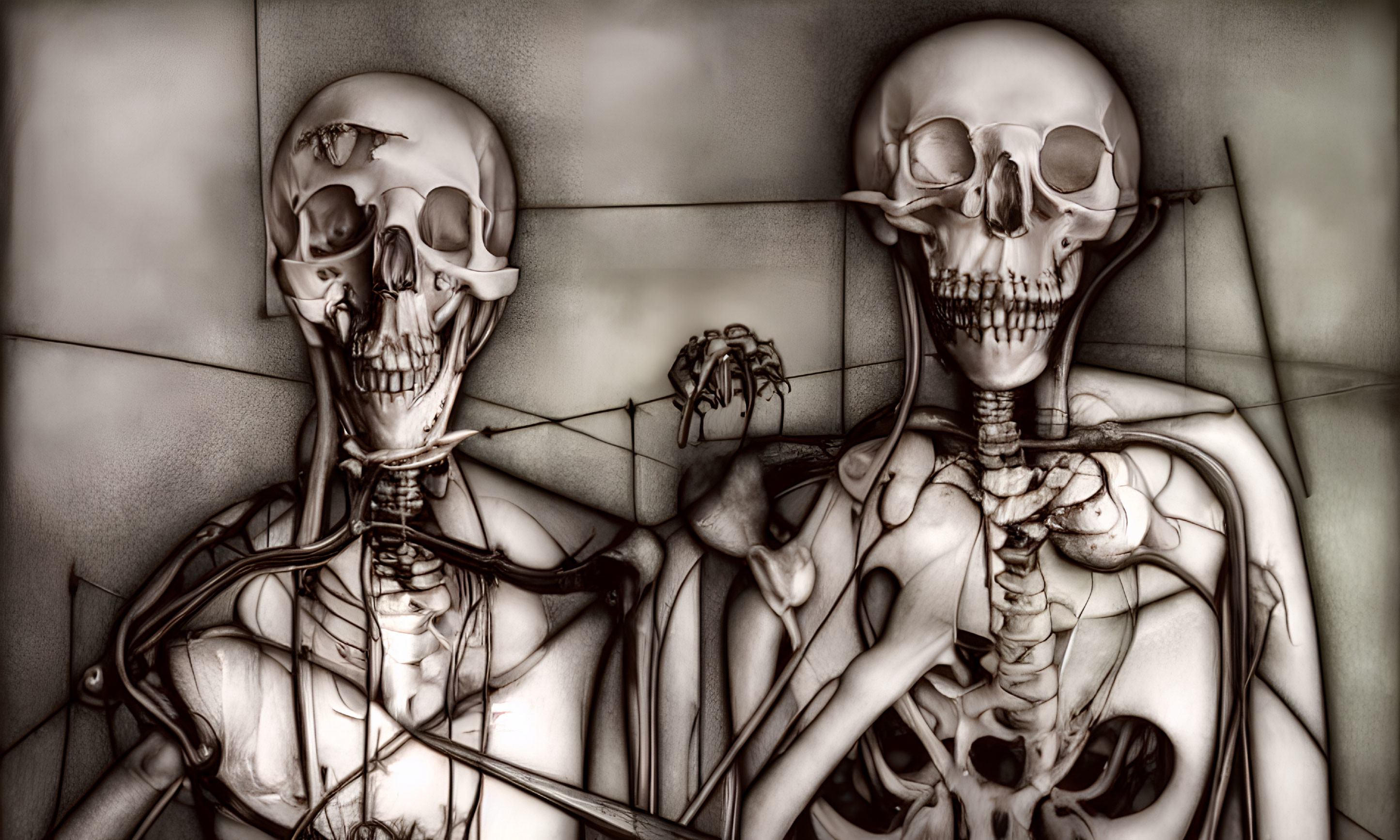 Artistic filter enhances skeletons in curious interaction.