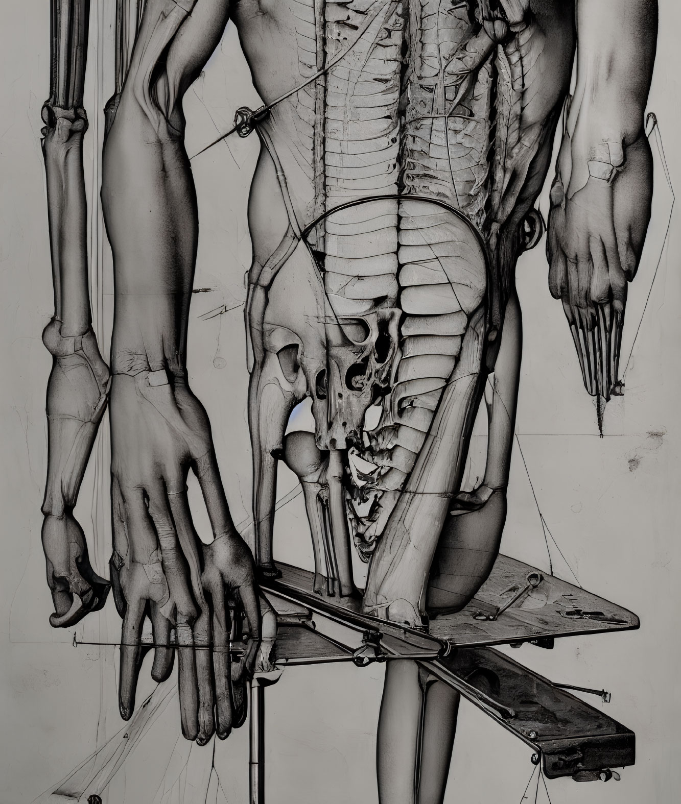 Monochrome anatomical illustration with skeletal and muscular structures and mechanical elements