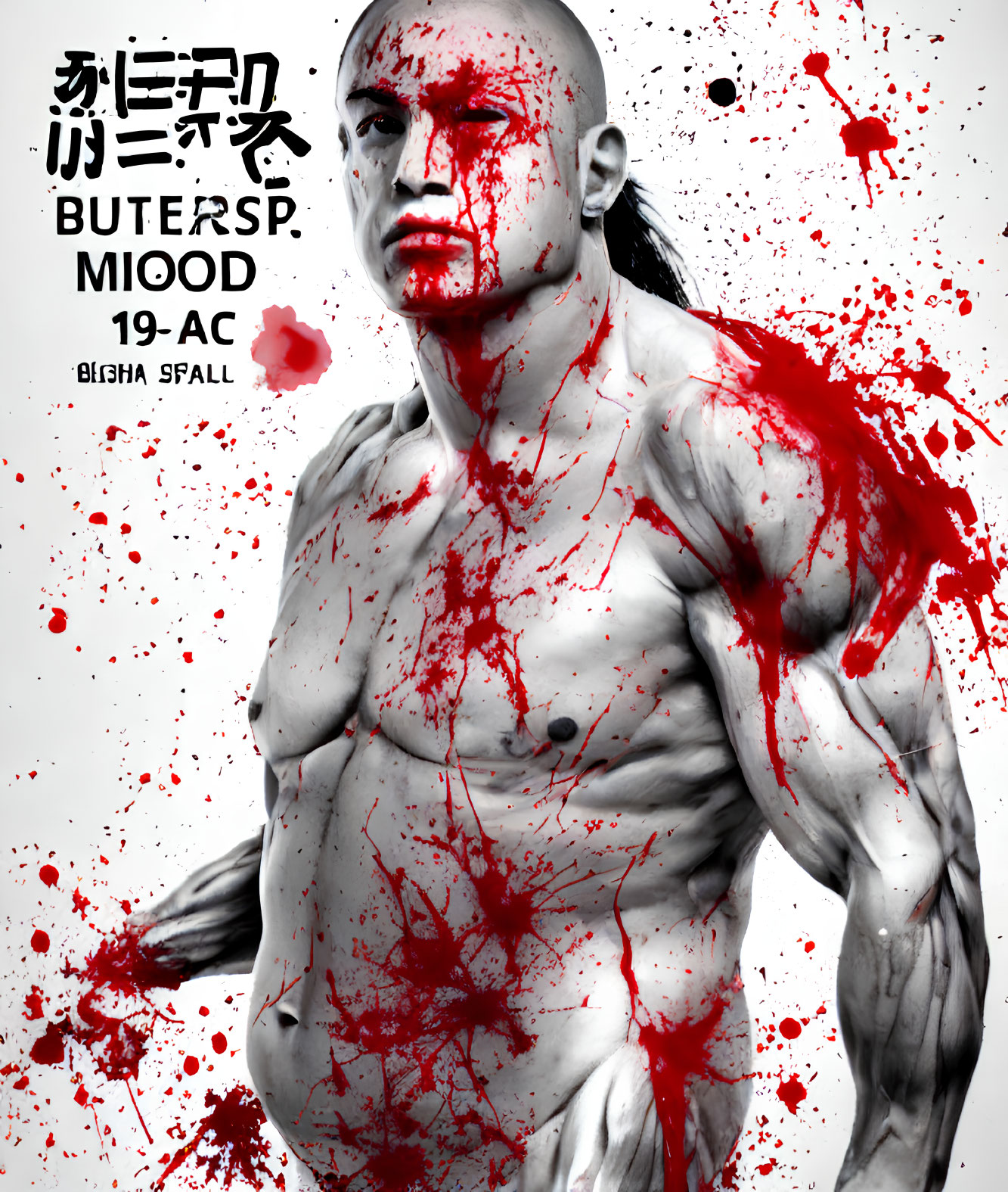 Shirtless muscular figure splattered in red paint with non-English text