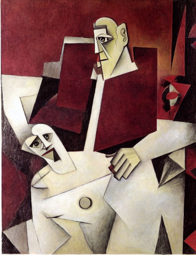 Abstract Cubist Painting of Two Human Figures in Geometric Shapes