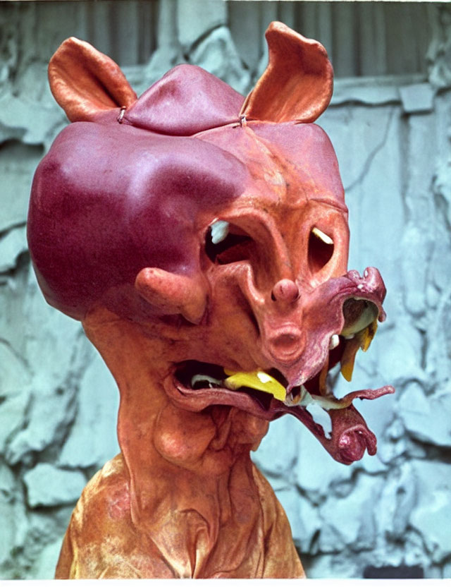Creepy surreal pig-like mask with multiple eyes and exaggerated features