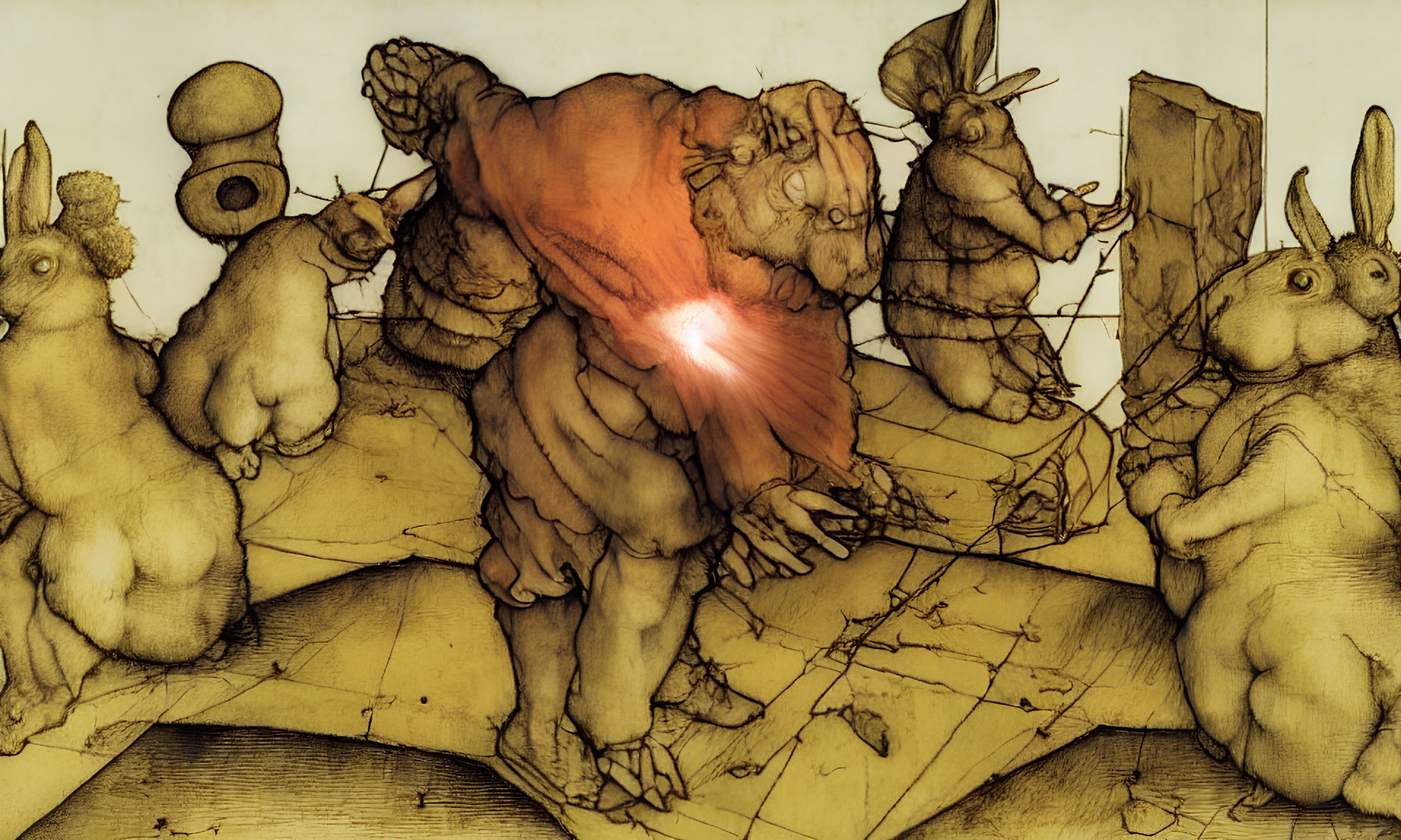 Fantastical anthropomorphic rabbit creatures studying a map with glowing figure